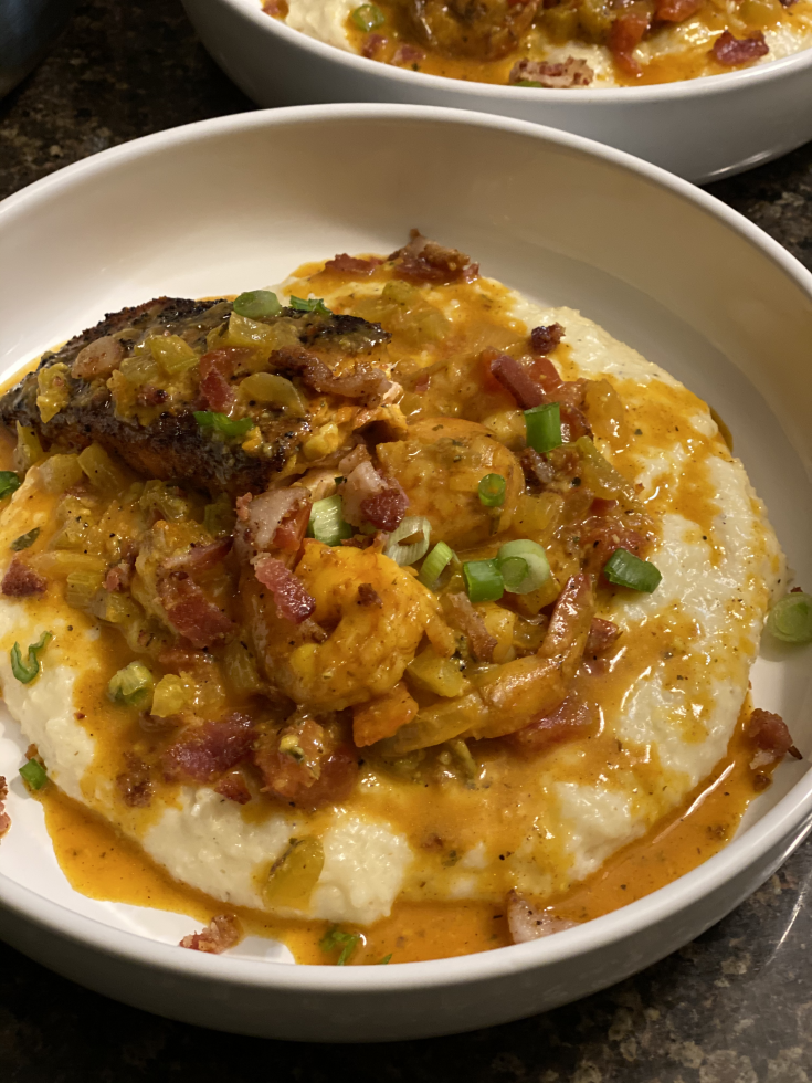 Blackened Salmon with Shrimp & White Cheddar Grits 