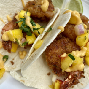 buttermilk fried shrimp tacos with mango salsa