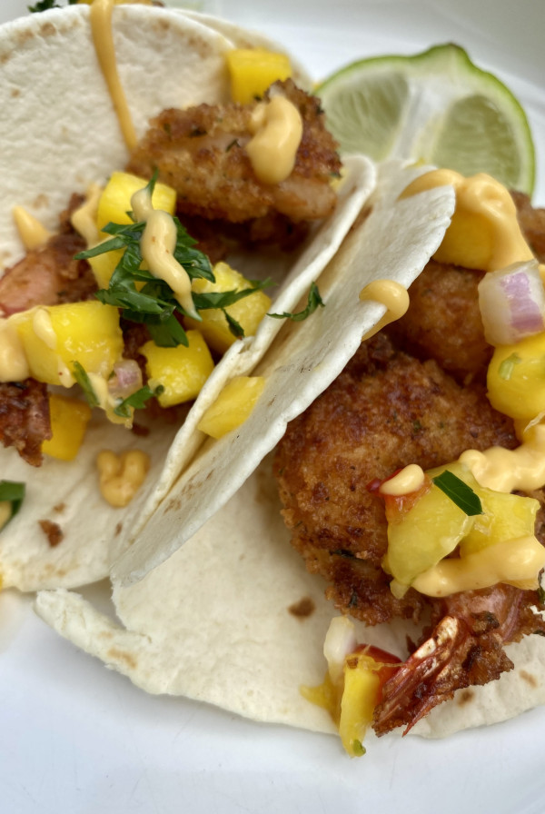 buttermilk fried shrimp tacos with mango salsa