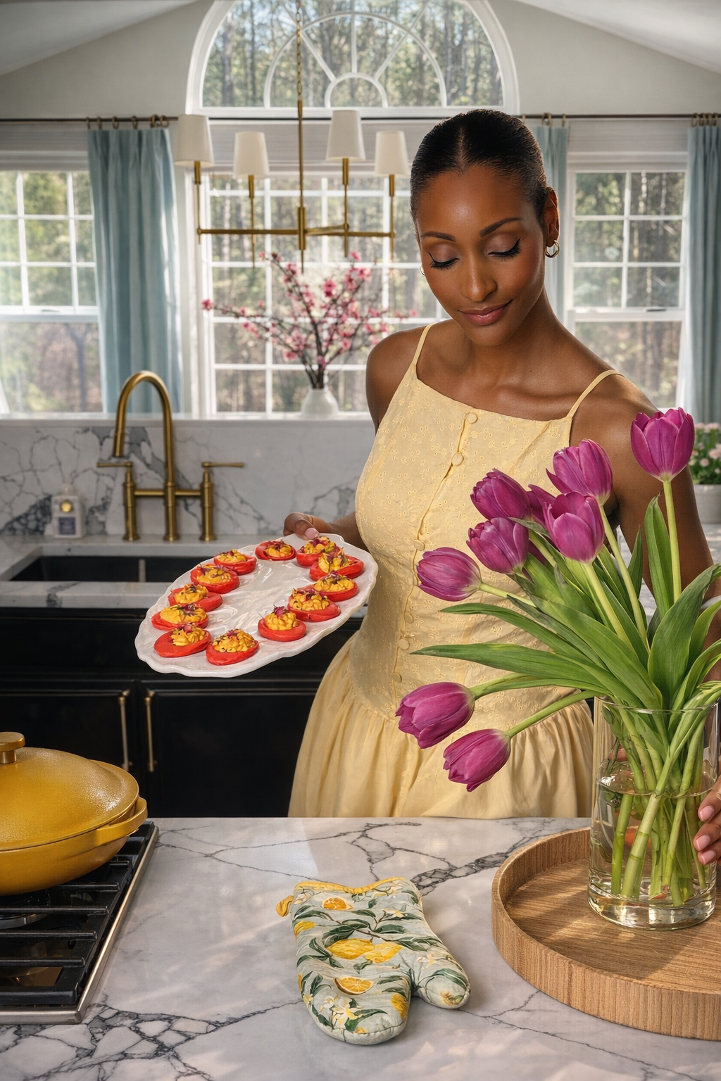 A woman in a soft yellow dress presents a platter of red deviled eggs in a sunlit kitchen, with fresh purple tulips and gold accents creating an elevated, spring-inspired scene.
