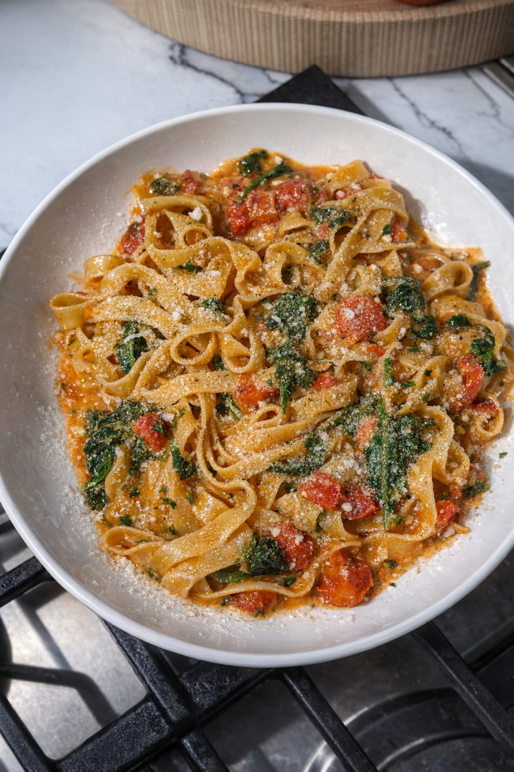 Creamy tagliatelle pasta in a white bowl, tossed with cherry tomatoes and wilted spinach in a rich orange-tinted sauce, finished with grated Parmesan, photographed on a stovetop with a marble countertop background.