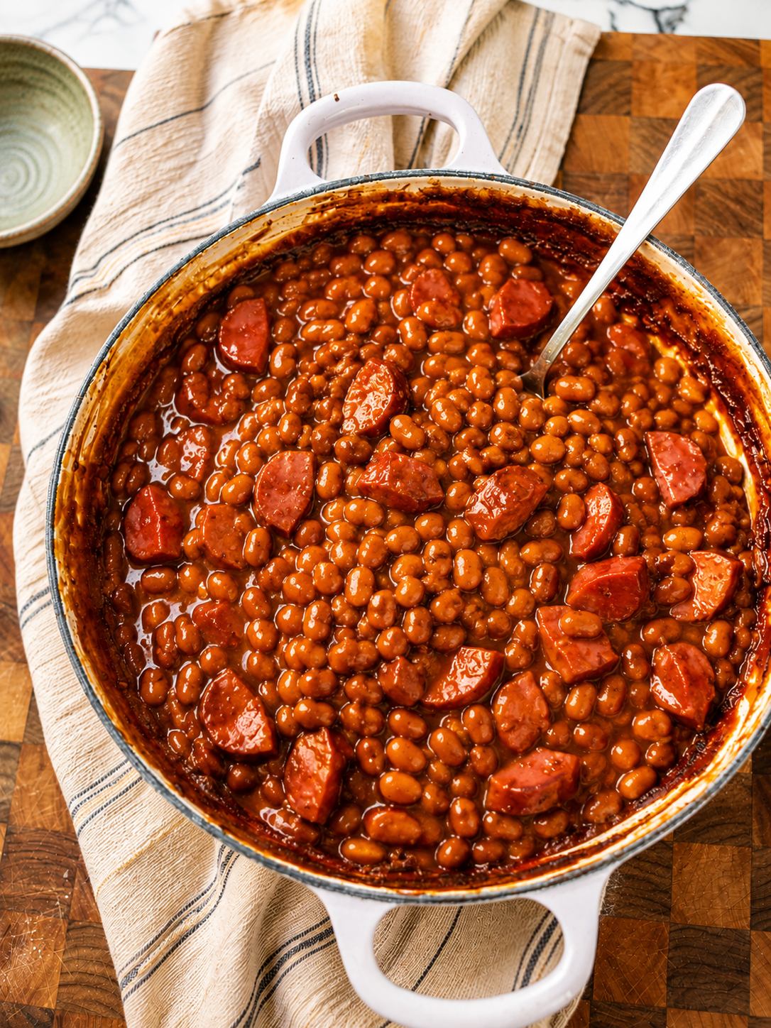 Overhead shot of smoky baked beans with sliced sausage baked in a white enamel casserole dish on a wooden butcher block. The beans are thick, glossy, and caramelized around the edges, styled with a neutral striped kitchen towel and warm natural lighting for a cozy summer barbecue aesthetic.