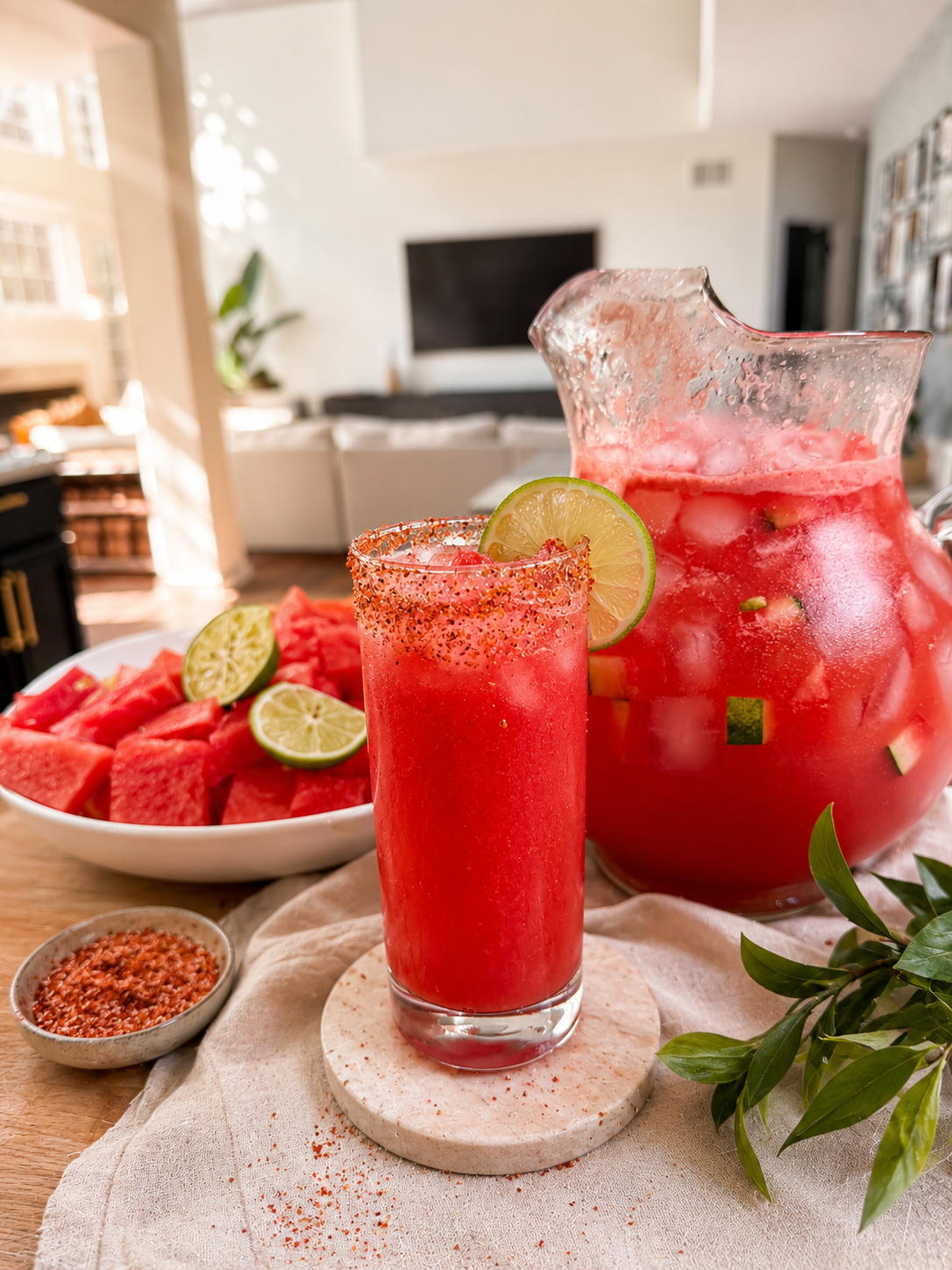 Fresh watermelon fresca served in a tajín-rimmed glass beside a chilled pitcher filled with watermelon cubes and ice, styled on a wooden countertop with sliced watermelon and lime wedges in the background. Bright natural light pours into a modern living room, creating a cozy, elevated summer entertaining vibe perfect for cookouts and warm-weather hosting.