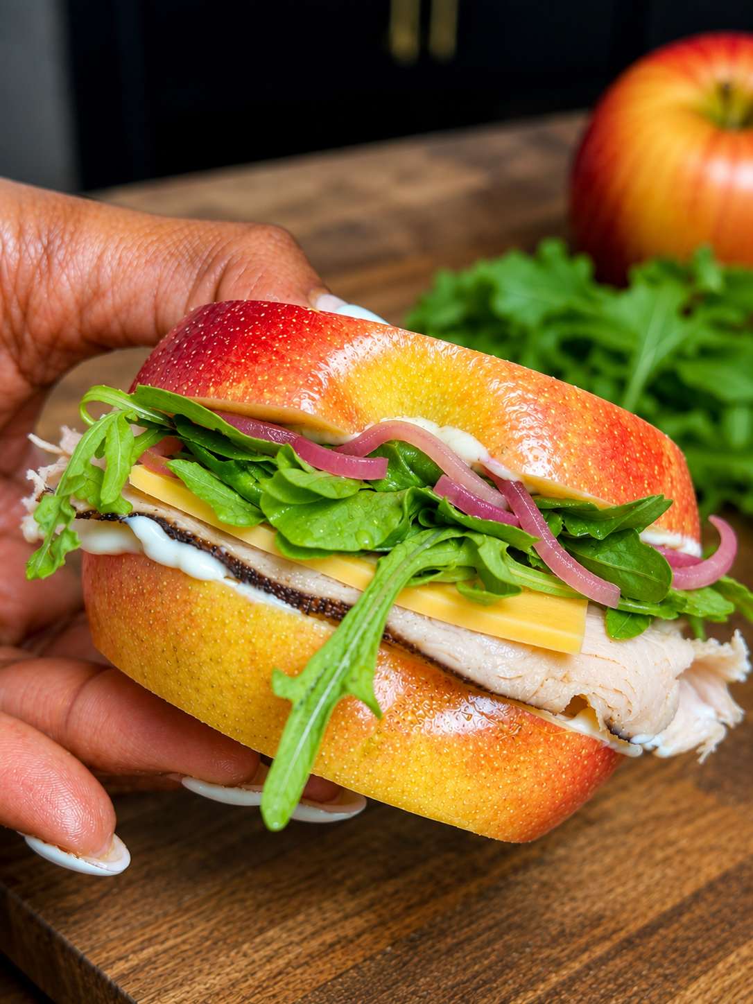 Honeycrisp apple sandwich filled with turkey, American cheese, arugula, pickled onions, mayo, and Green Goddess dressing held in hand.