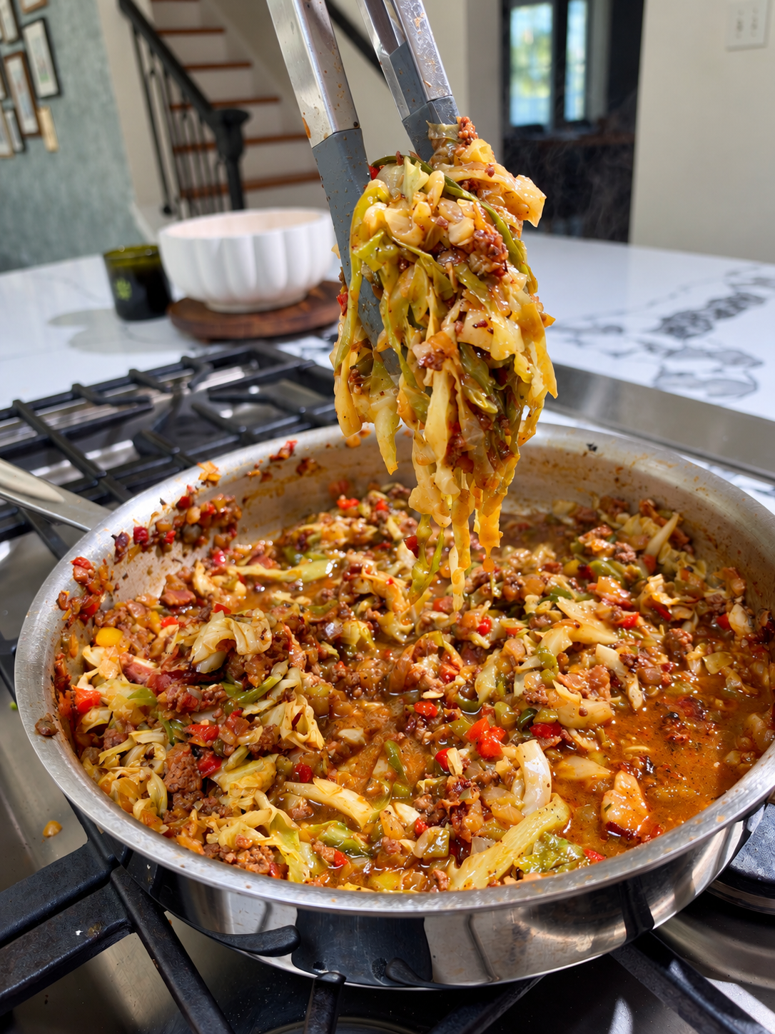 Southern dirty cabbage with seasoned ground beef, tender green cabbage, bell peppers, and onions in a savory sauce, lifted from a skillet with tongs.